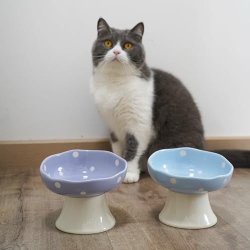 Purple Mushroom Cat Bowl, Elevated Ceramic Bowl for Cats | Elevated, Ceramic, Whisker Friendly, Wide Opening, Dishwasher Safe,durable - color: Purple
