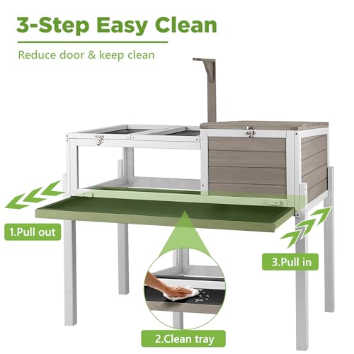 Standing Tortoise Habitat with Lamp Holder in Indoor & Outdoor, Wooden Turtle Enclosure Table with Detachable Legs, Leakproof Tray, Openable Roof for Tortle, Lizard, Chameleon, Grey