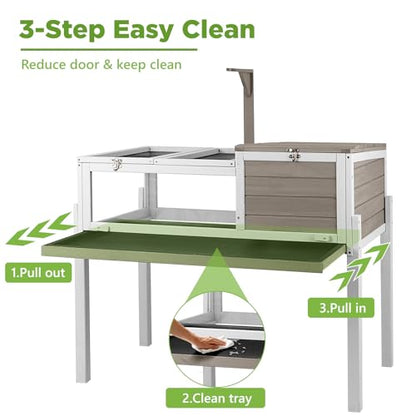 Standing Tortoise Habitat with Lamp Holder in Indoor & Outdoor, Wooden Turtle Enclosure Table with Detachable Legs, Leakproof Tray, Openable Roof for Tortle, Lizard, Chameleon, Grey