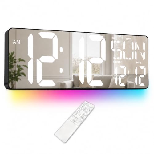 17.2-Inch Large Mirror Digital Wall Clock with Remote Control, RGB Mood Light, Extra-Large LED Display, Auto Dimming,Date, Day, Temp, Countdown Timer for Home, Gym, Office and Classroom (White) - color: White