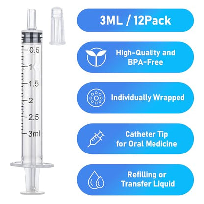 12Pack 3ml Syringes with Cap, Oral Syringe without Needle for Liquid, Measuring, Refilling, Oil, Glue Applicator - style: 3ML