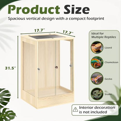 18" x 18" x 32" Tall Reptile Terrarium, 45 Gallon Glass Chameleon Cage, Vertical Crested Gecko Tank with Ventilated Mesh Top, Front Opening Rainforest Habitat, Oak - color: Oak, size: 18" L x 18" W x 32" H, 45 Gallon