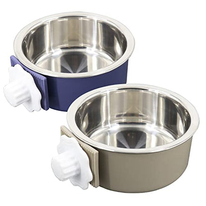 Dog Crate Bowl, Hanging Stainless Steel Removable Pet Crate Water & Food Bowls, Pet Cage Feeder Container Coop Cup for Cat Puppy Birds Rats Guinea Pigs Rabbit Hamster (2PCS) - color: (Round) Dark Blue/Grey