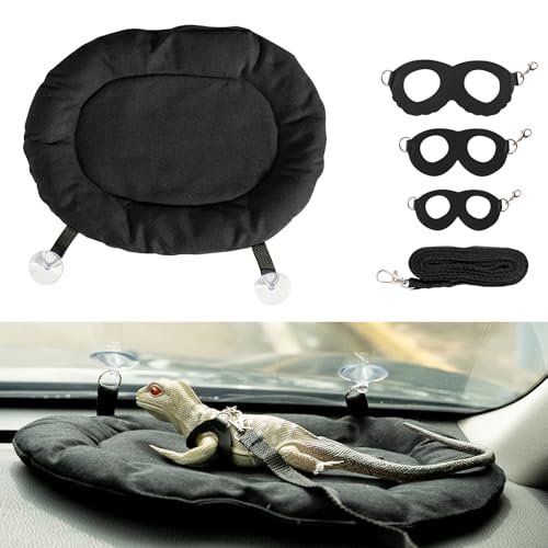 Bearded Dragon Soft Bed with 3Pcs Reptiles Harness and Leash Set, Reptile Washable Canvas Fabric Sleep Mat with Suction Cup for Travel Carrier for Lizard Leopard Gecko (Black)