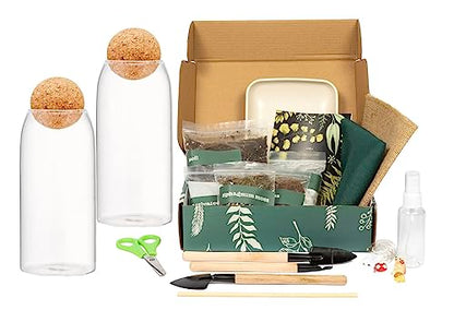 DIY Terrarium Kit with Closed Glass Bottle Container Planter with Lid (Ball Cork) | 2 Jars | Airtight Terrarium | Create Your Own Indoor Garden (No Live Plants) - style: Terrarium Kit + 2 Jars