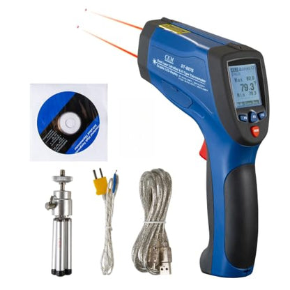 CEM DS 50:1 Infrared Thermometer Temperature Gun,-58°F to 2192F°Adjustable Emissivity IR Temp Gun,Dual Laser HVAC Cooking Pyrometer,0.15S Response Thermal Heat Leak Detector with K-Type Probe&USB