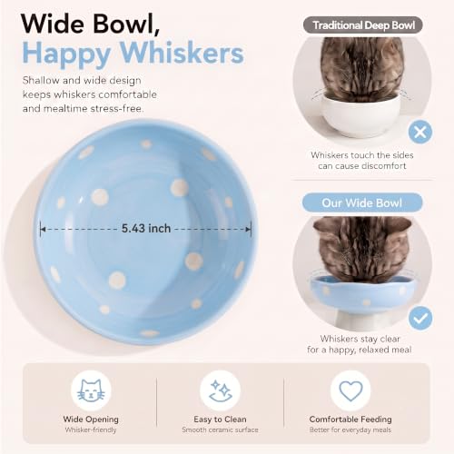Blue Mushroom Cat Bowl, Elevated Ceramic Bowl for Cats | Cute Mushroom Design, Elevated, Ceramic, Whisker Friendly, Anti Vomiting - color: Blue