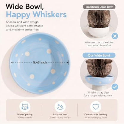 Blue Mushroom Cat Bowl, Elevated Ceramic Bowl for Cats | Cute Mushroom Design, Elevated, Ceramic, Whisker Friendly, Anti Vomiting - color: Blue