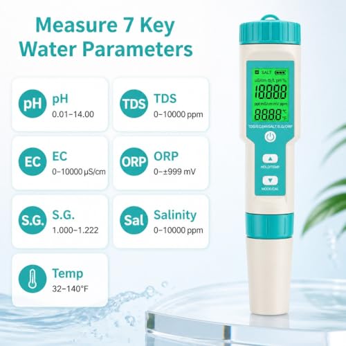 7 in 1 Water Quality Tester, Digital pH Meter TDS EC ORP Salinity S.G Temperature Meter, Pen Type Multi-Parameter Water Test Kit with Backlit LCD for Drinking Water Pool Aquarium Hydroponic Cooking