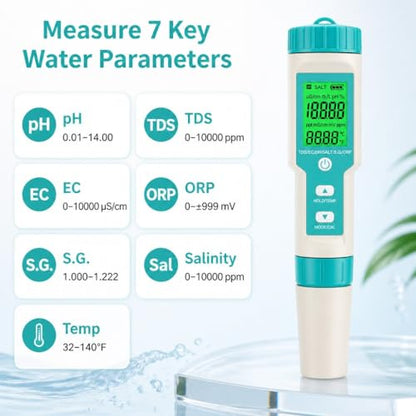 7 in 1 Water Quality Tester, Digital pH Meter TDS EC ORP Salinity S.G Temperature Meter, Pen Type Multi-Parameter Water Test Kit with Backlit LCD for Drinking Water Pool Aquarium Hydroponic Cooking