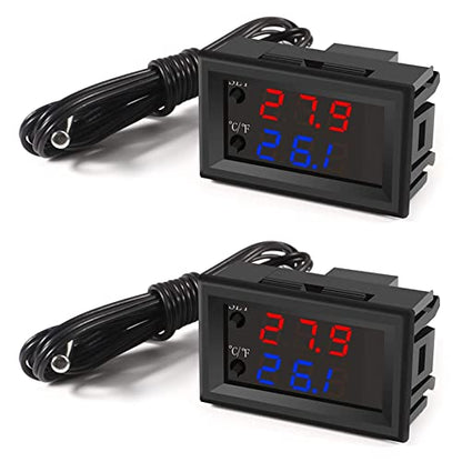 UMLIFE 2PCS Temperature Controller -50 to 110 Celsius (-58 to 230 F) DC 12V Programmable Heating/Cooling Thermostat Control Switch Module NTC Waterproof Sensor Probe Dual Color LED Display Monitor - style: 2PCS