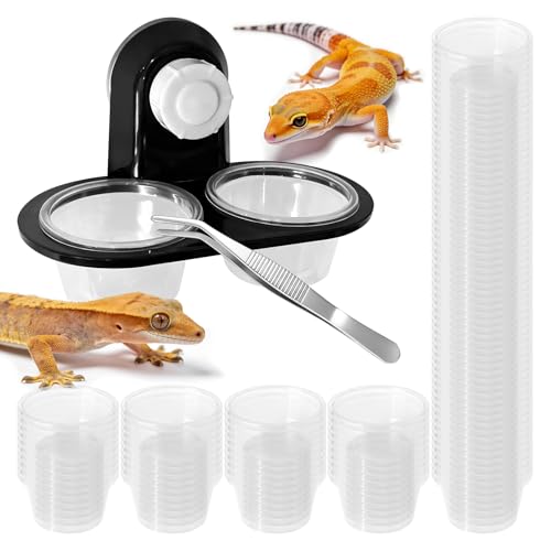 Black Gecko Feeding Ledge, Suction Station with Cups and Tweezer | Detachable suction feeder, 100 disposable cups and 1 tweezer for gecko, lizard, reptiles and amphibians