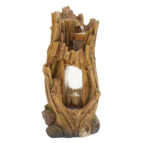 Alpine Corporation TZL338 Outdoor 3 Tier Waterfall Tree Trunk Floor Fountain with LED Lights for Patio, and Lawn Decor, 59 Inches Tall - style: 3-Tier 59" H - Cool White LEDs