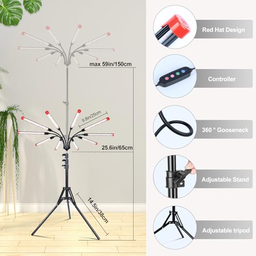 FECiDA Gamechanger! 90 Watt Power Draw, NO Need Adapter, 10Head Grow Light with Tripod Stand, 2026 Big Coverage LED Grow Lights for Indoor Tall Plants, Bonsai Tree, 4/8/12/16/20H Timer - size: Stand-10Head-90W