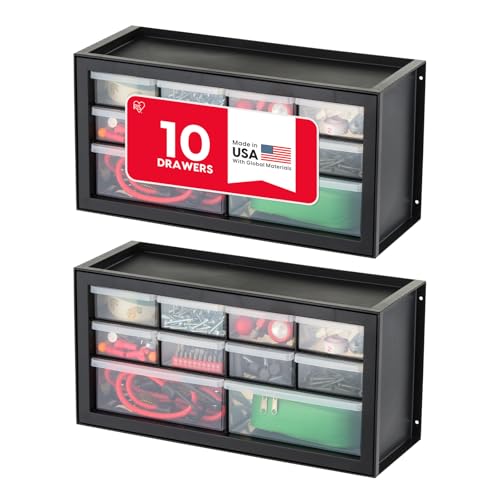 IRIS USA Plastic Storage Drawer Organizer, 10 Drawer Cabinet, 2 Pack, Black | Made in USA organizer stores hardware, beads, screws, classroom supplies, crafts, building bricks, and hobby items. - color: Black, size: 10 Drawer - 2 Pack