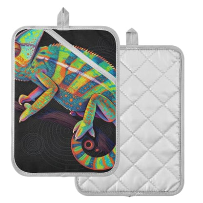 Pot Holder Set 170℃ Heat Resistant | 8mm Thick Padding BBQ，Microwave Two Piecing Vibrant Rainbow Reptile on Branch