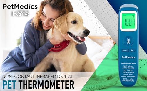 PetMedics by iHome Dog Thermometer for Pets Ear or Belly No Contact Scan - Large Number Digital Lit Display - Batteries Included - Canine and Pet Fever Detection
