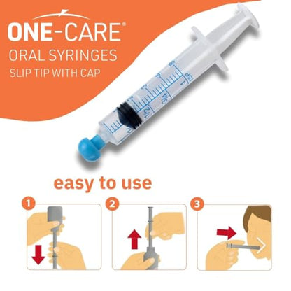 ONE-CARE 5ml Oral Syringe with Cap, Slip Tip Liquid Dispensers, 100/Box | Individually Wrapped, Food-Grade Plastic, Accurate Graduation for Precise Liquid Dosing, Oral Feed - Infants, Adults & Pets - size: 5ml