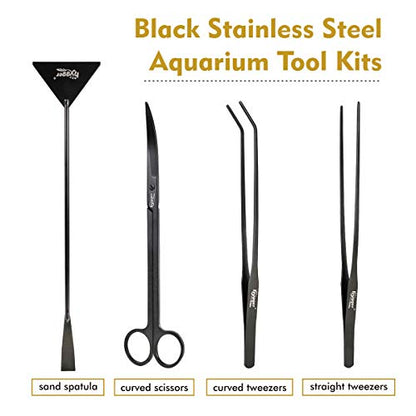 hygger Long Stainless Steel Premium Aquarium Tools, 4 PCS Aquatic Plant Tweezers Scissors Spatula Kits Comes with 1 Cleaning Cloth, for Fish Tank Starters - color: Black