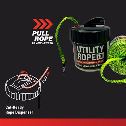 Rapid Rope Canister, 70ft Neon Green Tactical Paracord, 1100lb Test, USA | Heavy Duty Poly Rope Test Cord, Non-Tangle Dispenser Included, For Hiking, Camping, Survival, Utility, Stocking Stuffer, Gift - size: 70ft, style: Neon Green