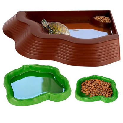 3 Pcs Tortoise Water Bowl with Ramp, Reptile Food Water Bowl Turtle Pool, Tortoise Bathing Pool Turtle Soaking Dish Aquarium Habitat Accessories(trumpet-3-brown Plus Green) - color: trumpet-3-brown plus green