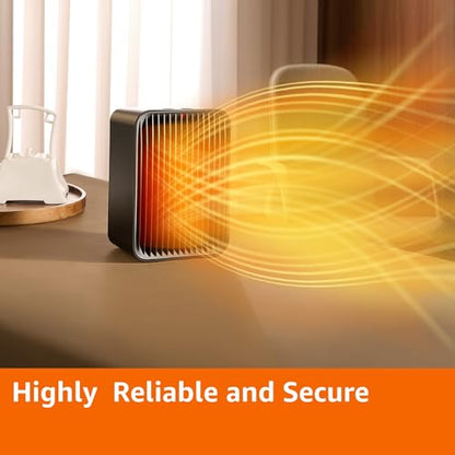Amazon Basics Portable Ceramic Space Heater, Small Electric Heater for Indoor Use With 3 Heat Settings, Temperature Control, Lightweight (1.7 LBS), 520 w, Black, 5.1"L x 3.5"W x 7"H