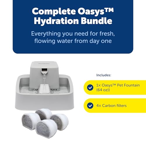 PetSafe Oasys Pet Fountain, 1/2 Gallon, Cats & Small Dogs, 4-Pack Filters | Adjustable Flow Control, Open Bowl, Whisker-Friendly Tray, Replaceable Carbon & Foam Filters Included - style: Fountain + 4-Pack Filters