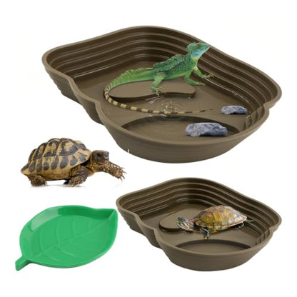 3 Pcs Aquatic & Terrestrial Reptiles Bathing Pool Set, Turtle Water Bowl | 2 Pcs Tortoise Water Dish in 2-Size with Ramps and Feeding Dish - color: Light Brown【2 x Water Dish,1 x Feeding Dish】