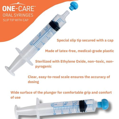 ONE-CARE 5ml Oral Syringe with Cap, Slip Tip Liquid Dispensers, 100/Box | Individually Wrapped, Food-Grade Plastic, Accurate Graduation for Precise Liquid Dosing, Oral Feed - Infants, Adults & Pets - size: 5ml