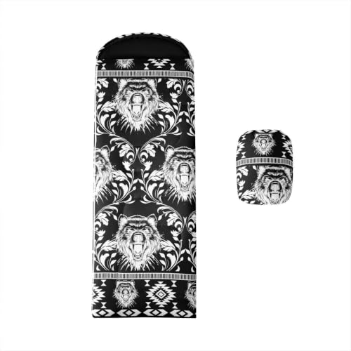 Erosebridal Longhorn Cow Skull Gothic Witchy Damask Sleeping Bag for Kids Camping Blanket for Hiking Travel Hunting Sleep Bag - color: Black and White Grizzly Bear