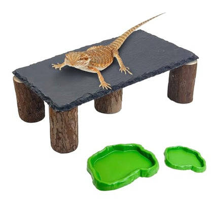 Bearded Dragon Basking Platform 3Pcs Reptile Basking Rocks with Wooden Pile Natural Lizard Hideout 2-in-1 Tortoise Tank Accessories for Leopard Geckos Ball Pythons Turtle (11.81×5.91inches) - size: Medium
