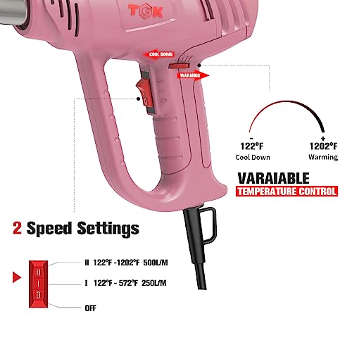 Heat Gun, TGK® 1800W Heavy Duty Hot Air Gun Kit 122℉~1202℉ Dual Temperature Settings with 6 Nozzle Attachments Overload Protection for Crafts, Shrink Wrapping/Tubing, Paint Removing, Epoxy Resin - color: Pink