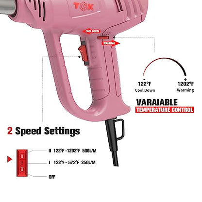 Heat Gun, TGK® 1800W Heavy Duty Hot Air Gun Kit 122℉~1202℉ Dual Temperature Settings with 6 Nozzle Attachments Overload Protection for Crafts, Shrink Wrapping/Tubing, Paint Removing, Epoxy Resin - color: Pink