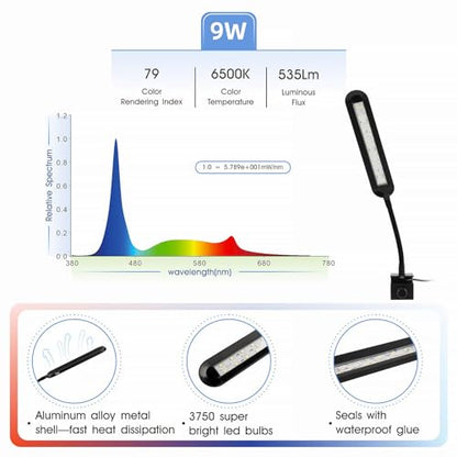 hygger 5-10 Gallon Nano Tank Mini Clip-on Aquarium Light with White Blue Red LEDs Fish Tank Lighting Built-in Timer 5 Brightness Levels 9W - size: 9W