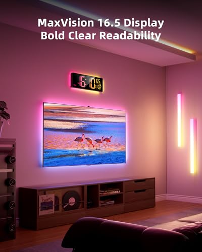 EASYERA Smart Digital Wall Clock App Control, 16.5” Large RGB Clock | DIY Color, LED Display, Auto DST, Plug-In, Music Sync | Classroom Home Gym Gaming