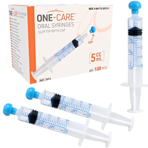ONE-CARE 5ml Oral Syringe with Cap, Slip Tip Liquid Dispensers, 100/Box | Individually Wrapped, Food-Grade Plastic, Accurate Graduation for Precise Liquid Dosing, Oral Feed - Infants, Adults & Pets - size: 5ml
