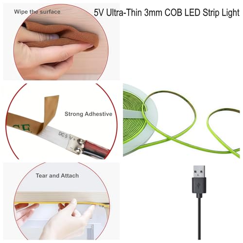 Ultra-Narrow 3mm USB-C COB LED Strip Lights Self-Adhesive, for Kitchen Cabinets, Bedroom, Gaming Desk (Green, 4ft) - color: Green, size: 4ft