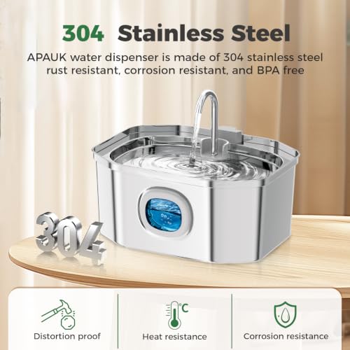 Cat Water Fountain, Apauk 108oz/3.2L Silent cat Water Fountain Stainless Steel, Cat Fountain, Automatic Pet Water Fountain,Dog Bowl, Controllable Blue Light - (2 Filters& 2 Sponges)