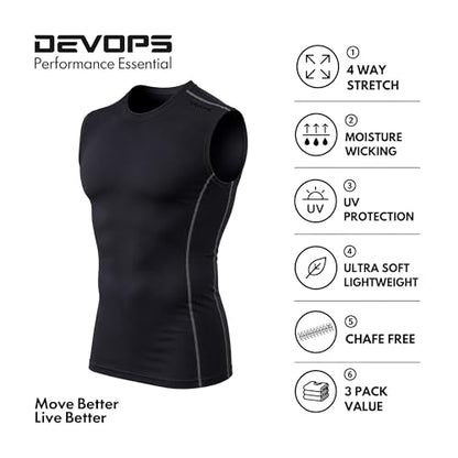 DEVOPS 3 Pack Men's Compression Shirts Sleeveless Tank Top Baselayer | Gym Training, Running, Moisture Wicking, Compression Fit, 4-Way Stretch, UPF 50+, Sleeveless - color: 1# (3 Pack) Black / Black(gray) / White, size: Small