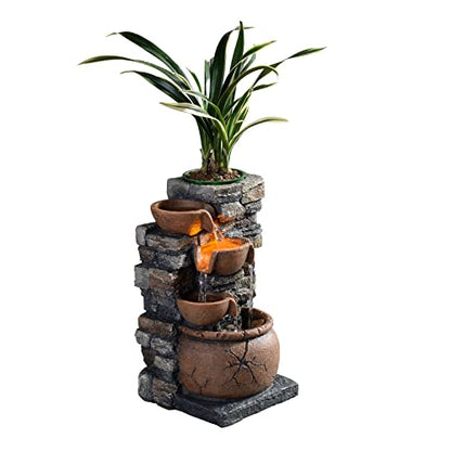 Indoor Fountain 4-Bowl Rockery Soothing Sound Tabletop Fountains Home/Office Decor with a Small Plastic Pot to Grow The Plant by Yourself(Automatic Watering)(23001)