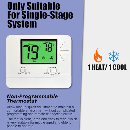 Heagstat H701 Non-Programmable Thermostat for Home up to 1 Heat/1 Cool | Manual Operation COOL & HEAT, Green Backlight - color: Green Backlight