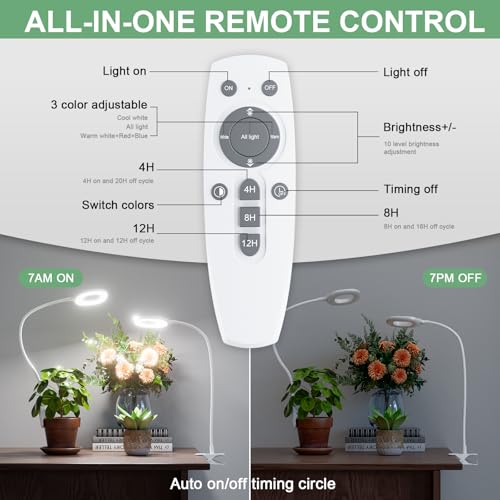 Full Spectrum Clip On LED Grow Lights for Indoor Plants | 4/8/12H Auto Timer, 3 Spectrum Modes, 10 Dimmable Levels, Adjustable Gooseneck, Remote Control, For Small Plants