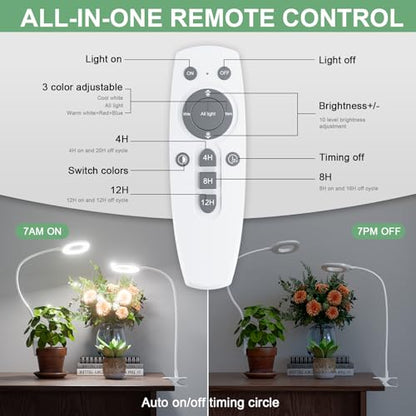 Full Spectrum Clip On LED Grow Lights for Indoor Plants | 4/8/12H Auto Timer, 3 Spectrum Modes, 10 Dimmable Levels, Adjustable Gooseneck, Remote Control, For Small Plants