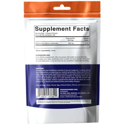 Vitamatic Calcium Carbonate Powder – 500 g (17.6 oz) – Unflavored Dietary Supplement Powder Non-GMO