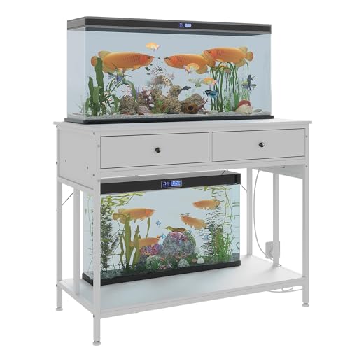 40-50 Gallon Aquarium Stand with Power Outlet & 2 Drawers, Fish Tank Stand | Dual Metal Tank Stand Adjustable Height Feet, 660 Lbs Capacity, for Fish Reptile Terrariums White - color: White