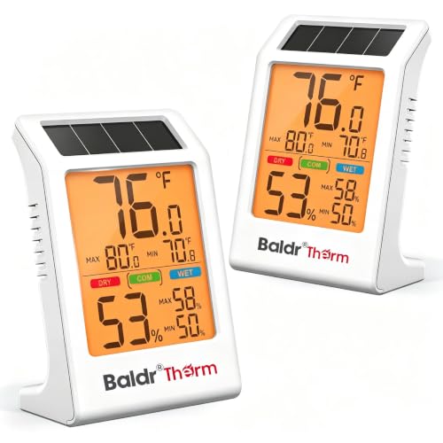 BALDR 2-Pack Indoor Thermometer Humidity Meter with Backlight Solar Powered | Room Temperature Monitor with Comfort Indicator & Max Min Records Digital Hygrometer for Home Bedrooms Office, Battery Backup