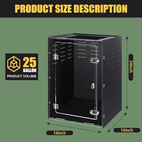16x16x24 Black PVC Reptile Tank for Adult Reptiles, Front Opening | Black PVC dark interior, front-opening design, full screen top with side vents, upgraded lock, adult Reptile climbing habitat - size: 16"16"24"