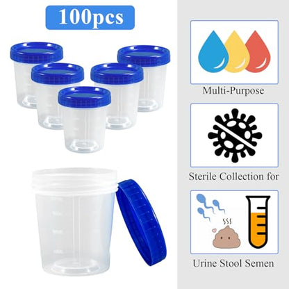 100Pcs Leak Proof Specimen Cups with Lids,4oz Disposable Urine Cups | Specimen Container with Screw on Lid,Sample Collection Kit for Safe Urine Pee Sample Analysis Testing - style: Blue-100PCS