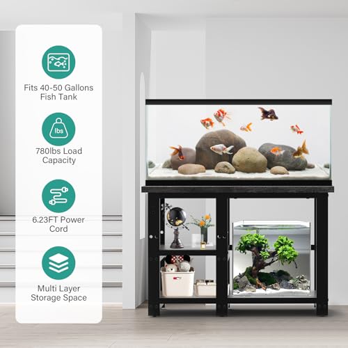 AQQA Aquarium Stand 36×18 Inch, 720LBS Heavy Duty Metal Frame | 3-Tier Storage Shelves Fish Tank Stand, 5-in-1 Outlets, Ideal for Aquariums, Reptiles, Terrariums for 40-50 Gallon Tanks - size: L for 40-50 Gallon (With power outlet)