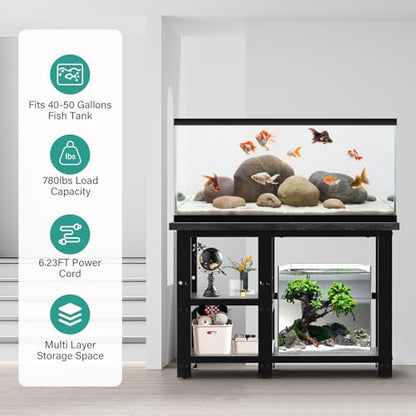 AQQA Aquarium Stand 36×18 Inch, 720LBS Heavy Duty Metal Frame | 3-Tier Storage Shelves Fish Tank Stand, 5-in-1 Outlets, Ideal for Aquariums, Reptiles, Terrariums for 40-50 Gallon Tanks - size: L for 40-50 Gallon (With power outlet)